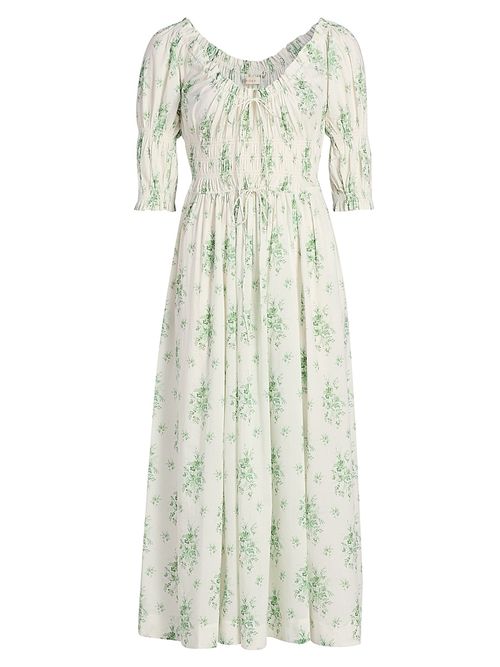 Women's Ischia Botanical Midi-Dress - Green Petit Bouquet Dechamon