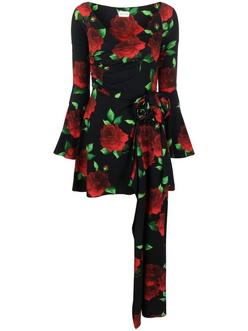Rose-print flared minidress - Black