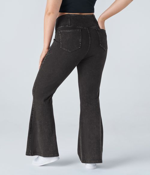 Flex™ High Waisted Crossover Pocket Washed Casual Plus Size Jeans  - Hemp Rope Black Denim