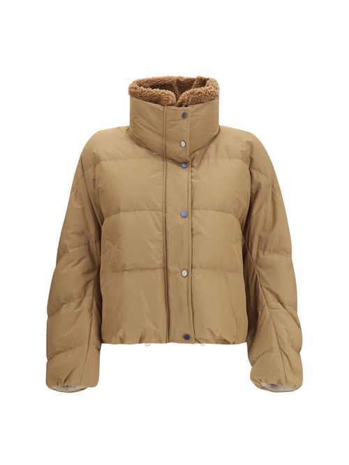 Shearling-Collar Padded Down Jacket — Beige