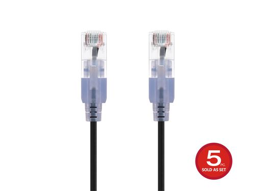 Cat6A 7ft Black 5-Pk Patch Cable, UTP, 30AWG, 10G, Pure Bare Copper, Snagless RJ45, SlimRun Series Ethernet Cable