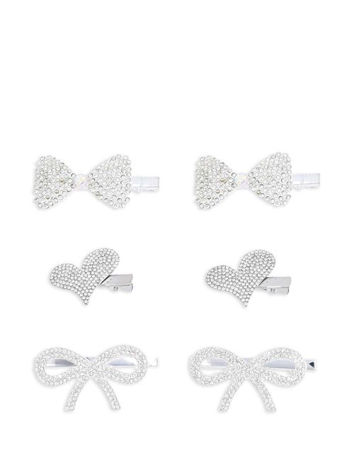 Crystal bow heart hair clips (pack of six) - Silver