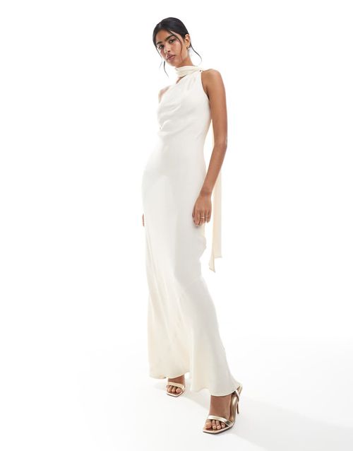 Bridesmaid one shoulder scarf maxi dress in soft Ivory-White