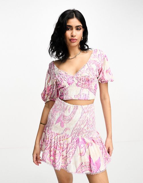 Print shirred puff sleeve beach top in pink - part of a set-Purple
