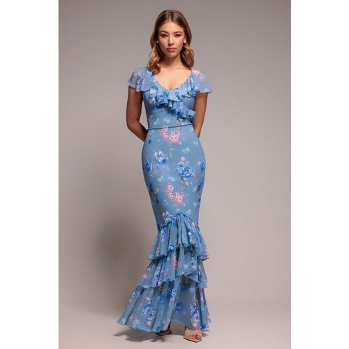 Goddiva Floral Printed Chiffon Ruffle Maxi - Blue