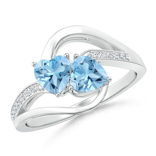 Angara 1.2 Carats Two Stone Heart Swiss Blue Topaz Bypass Ring with Diamonds in Platinum