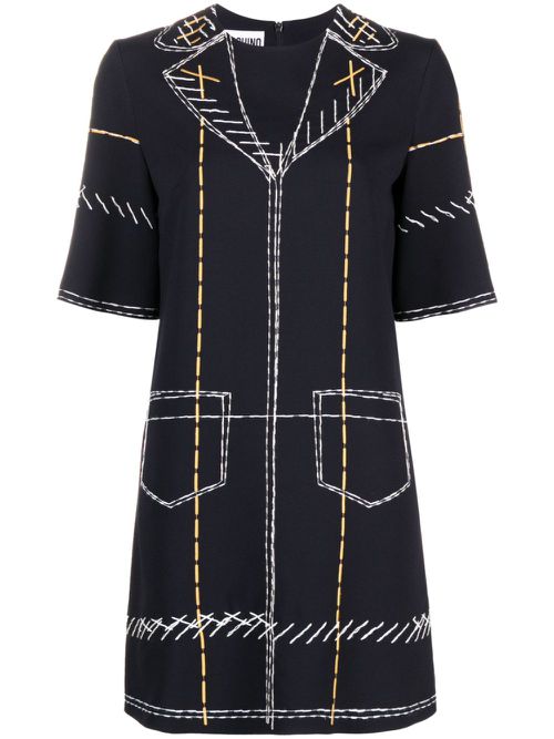 Contrast-stitch graphic shift dress - Blue