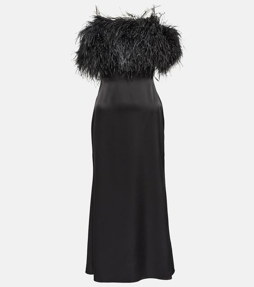 Feather-trimmed satin midi dress