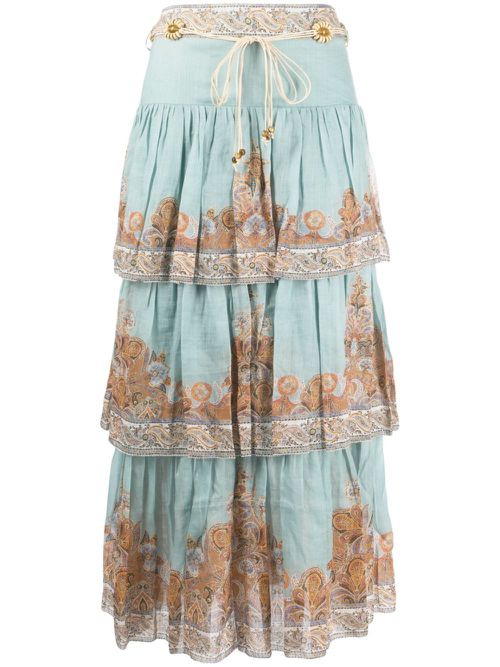 Devi paisley-print tiered midi skirt - Blue