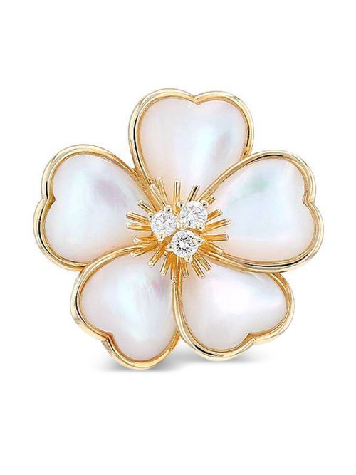 18kt yellow gold mother of pearl and diamond brooch - White