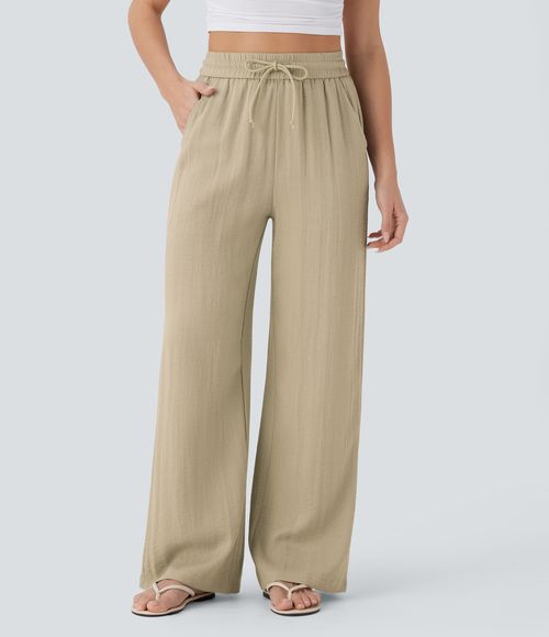 High Waisted Drawstring Pocket Wide Leg Baggy Casual Linen-Feel Pants  - Fields of Rye