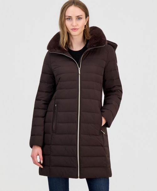 Women's Faux-Fur-Collar Hooded Packable Puffer Coat - CHOCOLATE
