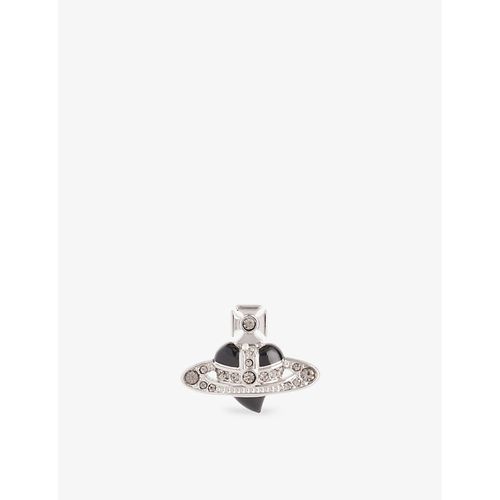 Mens Platinum/blck Dia Diamante Heart Orb-embellished Platinum-plated Brass Earring