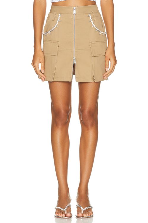 AREA Crystal Pocket Cargo Mini Skirt in Tan - Tan.  XS also in L