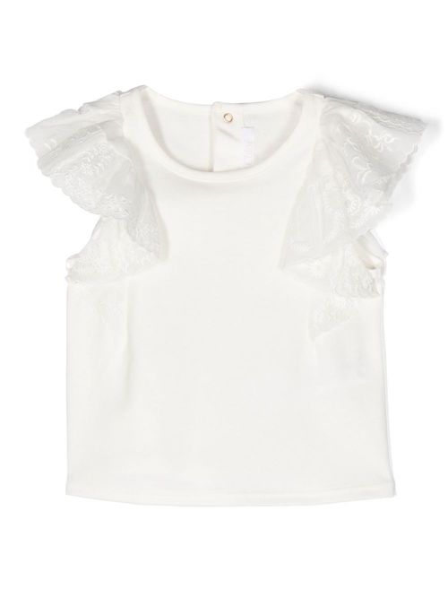 Floral-embroidered flutter-sleeve T-shirt - White