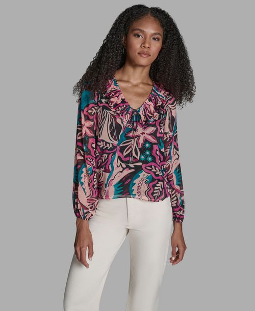 Women's Ruffle Long-Sleeve Top - Black/Bordeaux Bliss Multi