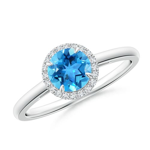 Angara 0.95 Carat Round Swiss Blue Topaz Cathedral Ring with Diamond Halo in Platinum