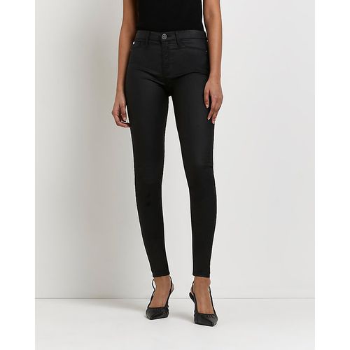 River Island Womens Skinny Jeans Black Molly Coated Mid Rise Cotton - Long
