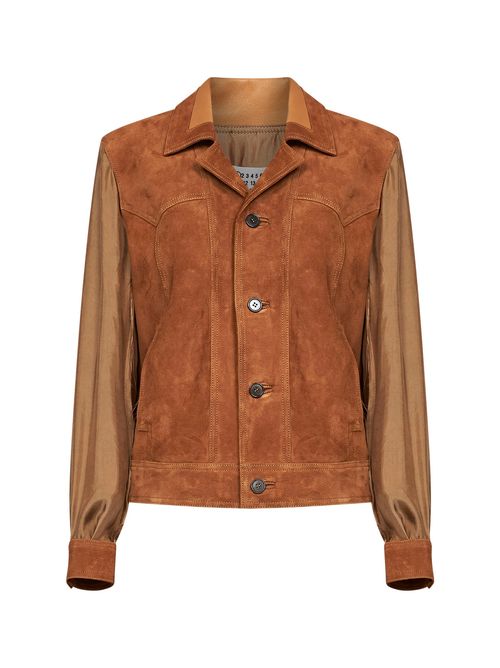 Suede and Lining-Effect Fabric Jacket — Brown