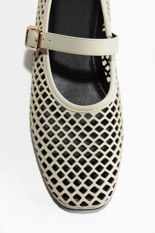 Perforated Mary Jane Ballet Flats - Beige
