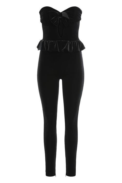Strapless Bow-detailed Cutout Velvet Jumpsuit