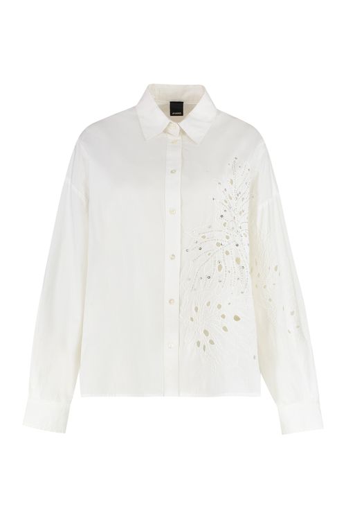 Cotton Boxy Shirt with Rhinestone Front Embroidery