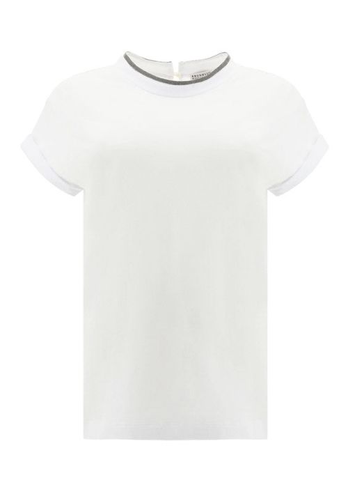 Monili-Embellished Keyhole T-Shirt — White