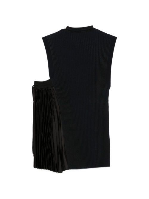 Ribbed Knit with Pleated Panel Tank Top — Black