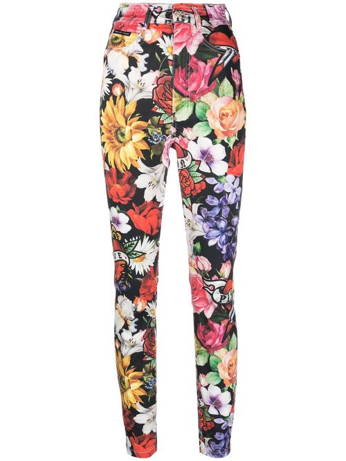 Floral-print denim leggings - Black
