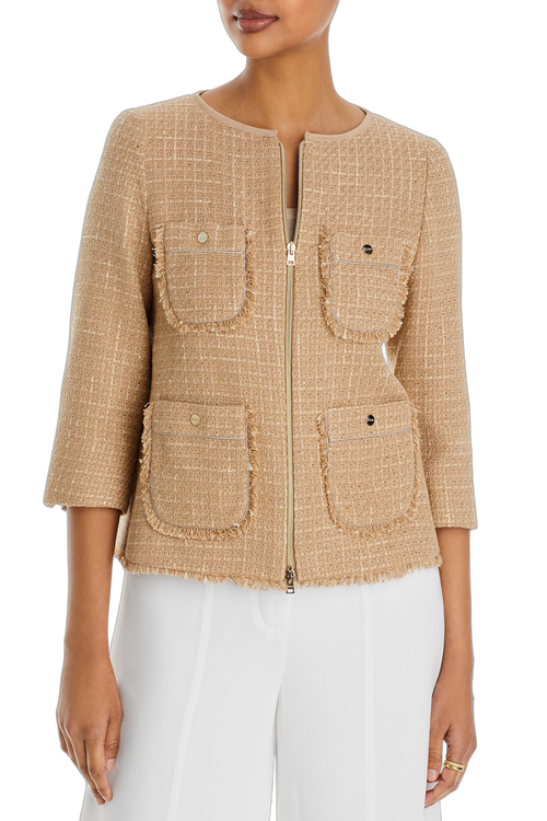 Tweed Zip-Front Jacket — Beige