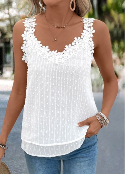 Modlily White Embroidery Sleeveless V Neck Tank Top