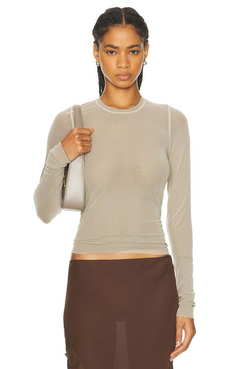 PRISCAVera Long Sleeve Mesh Top in Beige & Brown - Taupe.  XS also in L