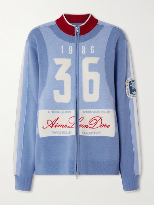 Jacquard-knit Wool Zip-up Cardigan - Blue