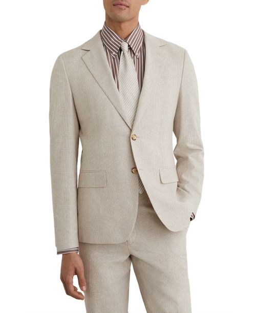 Men's Cheltenham Tailored-Fit Linen-Cotton Single-Breasted Check Blazer - Oatmeal Brown