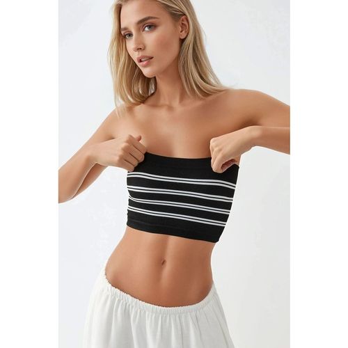 Hiccup Womens Strapless Striped Ribbed Crop Top - Black - Mediu