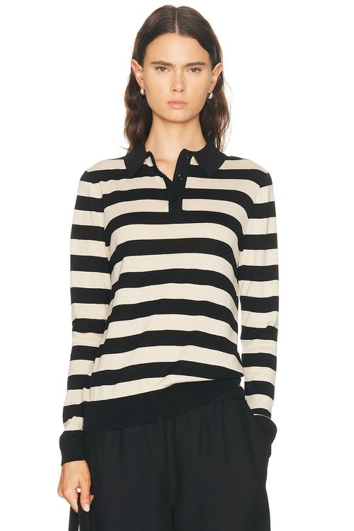 Enza Costa Stripe Silk Knit Polo Sweater in Black & Wheat - Black. L also in