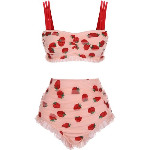 Retro Stage Lace Strawberry Cami Tankini Set Pink