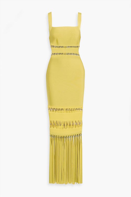 Ines bead-embellished fringed bandage gown - Yellow - M