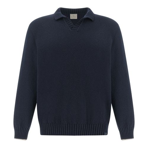 Open‑collar sweater in bouclé cotton, Man, Blue