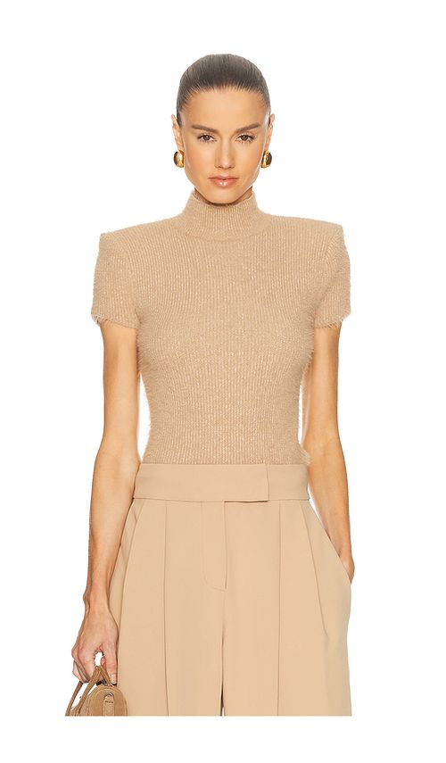 Camila Coelho Gabbi Brushed Knit Top in Taupe. L. Also in M, S, XL
