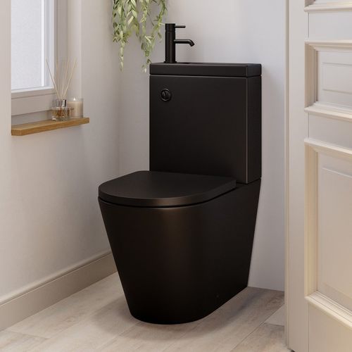Matt Black Close Coupled Closed Back Toilet with Black Fittings & Sink on Top - Legend