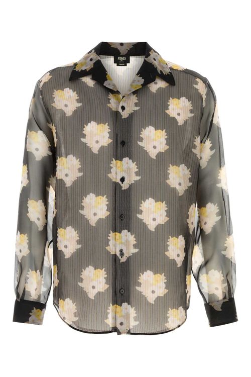 Floral-Printed Silk Organza Shirt — Gray