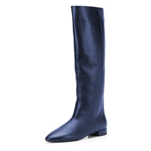 FSJ Women Knee High Boots Almond Toe Flat Low Heel Stretchy Pull On Long Boots Comfort Fall Winter Walking Shoes