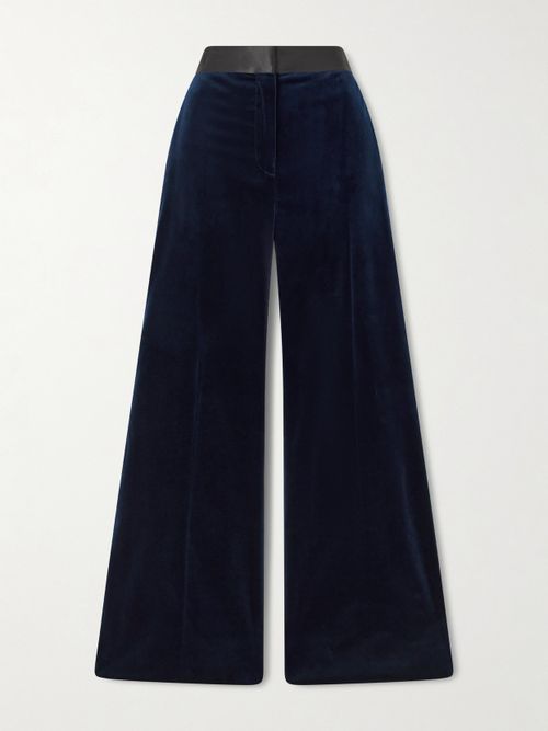 Alina Satin-trimmed Cotton-blend Velvet Wide-leg Pants - Blue