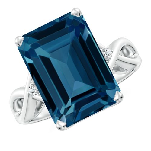 Angara 10.0 Carats Emerald Cut London Blue Topaz Twist Shank Statement Ring in Platinum