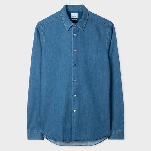 Tailored-Fit Mid-Wash Denim Shirt Blue