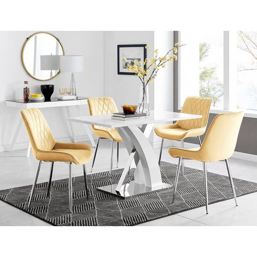 Atlanta White High Gloss and Chrome 4 Seater Dining Table with X Shaped Legs and 4 Soft Velvet Pesaro Chairs