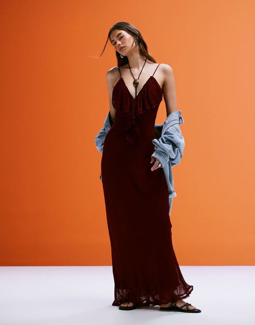 Mango ruffle front maxi dress in burgundy-pink