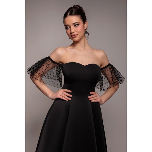 Goddiva Scuba & Polka Mesh Off The Shoulder Midi Dress - Black