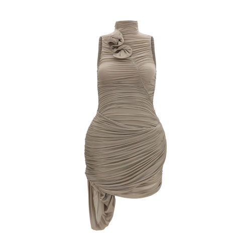 Draped High-Neck Dress — Beige